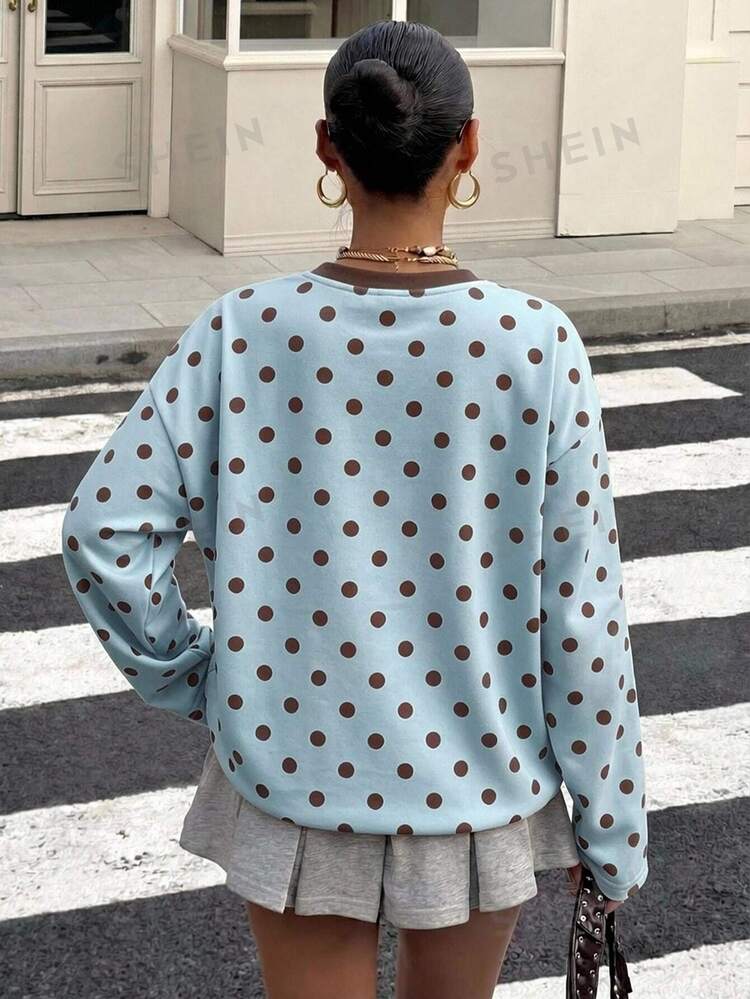 Muchica Plus Size Street Style Polka Dot Print Contrast Color Long Sleeve T-Shirt Fall - Blue - View 2