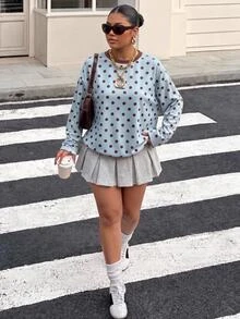 Muchica Plus Size Street Style Polka Dot Print Contrast Color Long Sleeve T-Shirt Fall - Blue - View 4