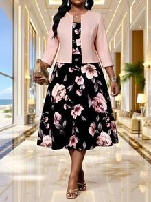 SHEIN Lady CURVE Plus Size Women Floral Print Dress And Solid Color Cardigan Casual Elegant 2 Pieces Set Party Wedding Dusty Pink - Multicolor - View 3