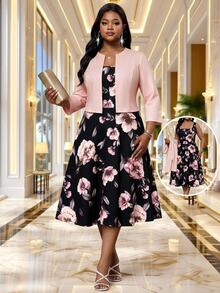 SHEIN Lady CURVE Plus Size Women Floral Print Dress And Solid Color Cardigan Casual Elegant 2 Pieces Set Party Wedding Dusty Pink - Multicolor - View 1