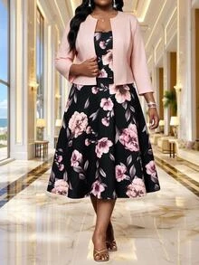 SHEIN Lady CURVE Plus Size Women Floral Print Dress And Solid Color Cardigan Casual Elegant 2 Pieces Set Party Wedding Dusty Pink - Multicolor - View 5