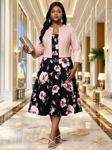 SHEIN Lady CURVE Plus Size Women Floral Print Dress And Solid Color Cardigan Casual Elegant 2 Pieces Set Party Wedding Dusty Pink - Multicolor - View 6