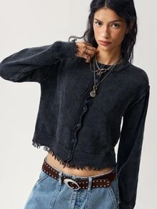 Bohemela Women's Dropped Shoulder Long Sleeve Frayed Knit Cardigan With Stone Wash - Grey - View 7