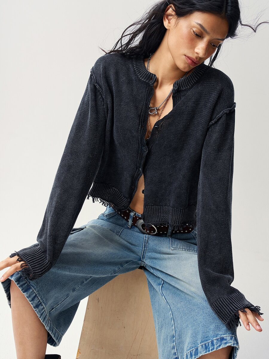 Bohemela Women's Dropped Shoulder Long Sleeve Frayed Knit Cardigan With Stone Wash - Grey - View 1