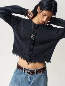 Bohemela Women's Dropped Shoulder Long Sleeve Frayed Knit Cardigan With Stone Wash - Grey - View 4