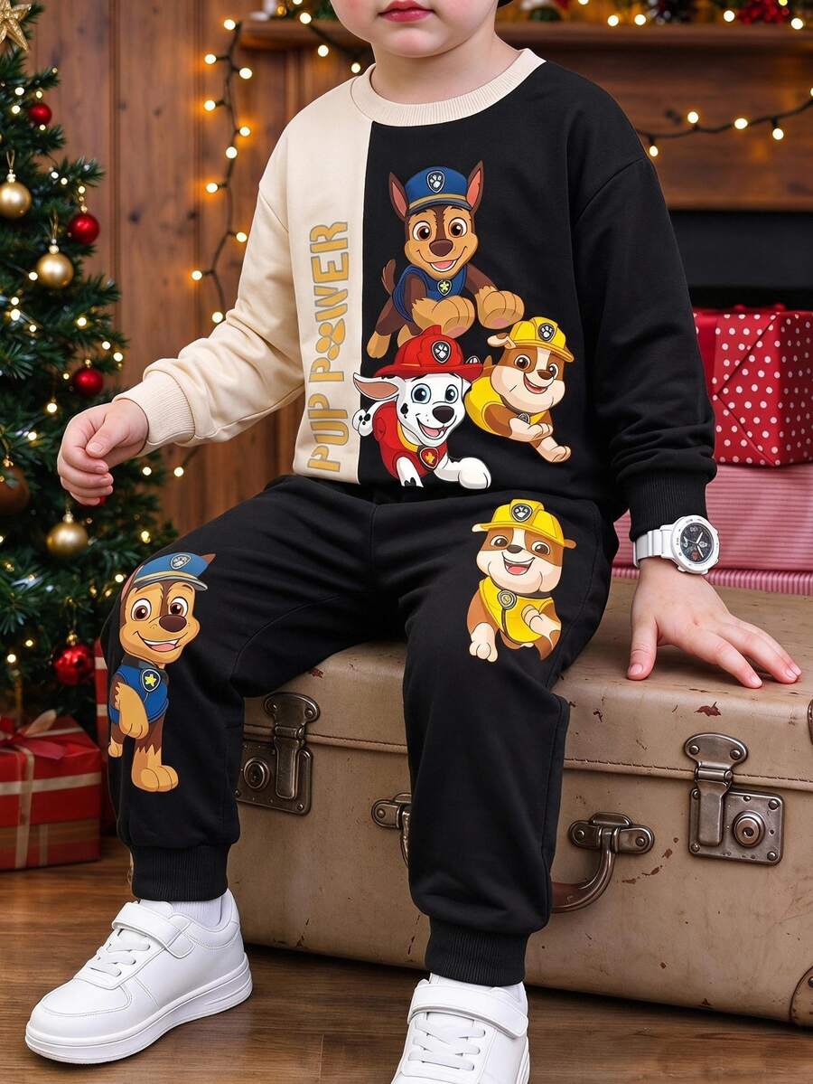 SHEIN | PAW Patrol 小男孩白色拼色卡通小狗印花寬鬆衛衣套裝 秋季長袖上衣與長褲 返校休閒穿搭 生日聖誕禮物 - 彩色 - 查看 1