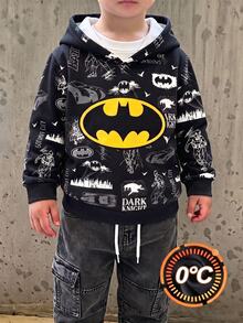 BATMAN X SHEIN Young Boy Casual Cartoon Print Pattern Hooded Long Sleeve Sweatshirt - Multicolor - View 5