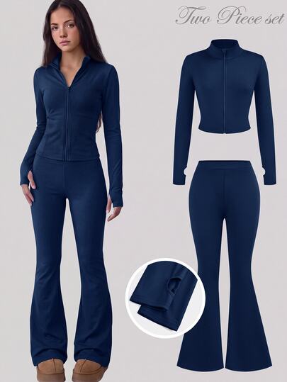 SHEIN Girlism طقم جاكيت وبنطلون واسع من الصوف المحبوك بلون موحد كاجوال للفتيات المراهقات من NovaGlow