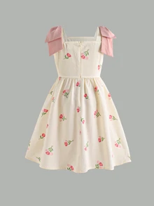 Young Girl Young Girl Young Girl 3D Jacquard Strap Dress, Textured Floral Fabric Square Neck - Apricot - View 2