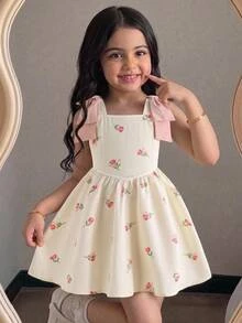 Young Girl Young Girl Young Girl 3D Jacquard Strap Dress, Textured Floral Fabric Square Neck - Apricot - View 1