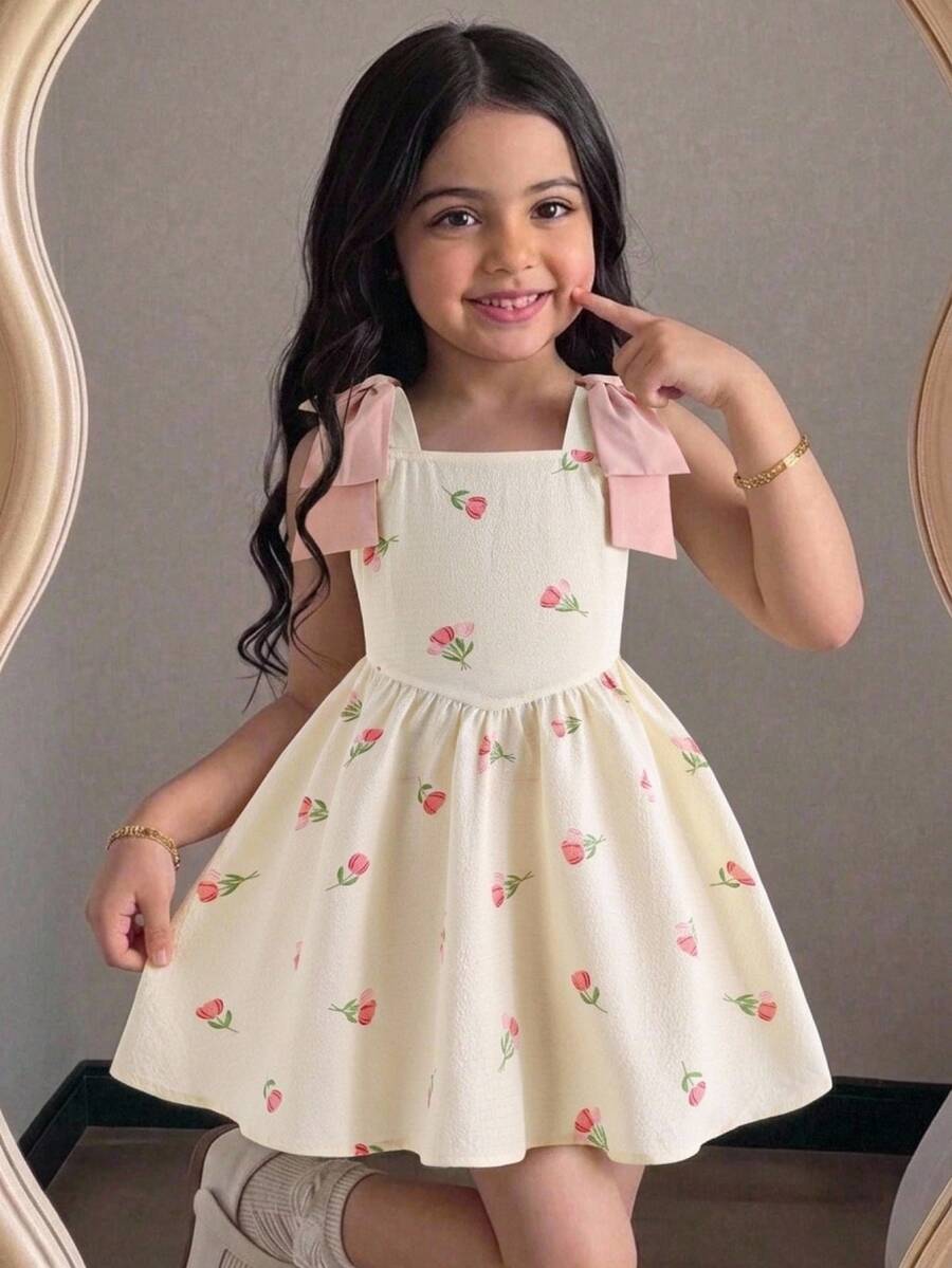 Young Girl Young Girl Young Girl 3D Jacquard Strap Dress, Textured Floral Fabric Square Neck - Apricot - View 1