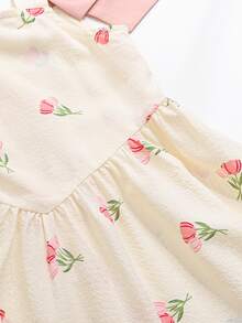 Young Girl Young Girl Young Girl 3D Jacquard Strap Dress, Textured Floral Fabric Square Neck - Apricot - View 4