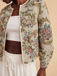 Travachic Women's Vintage 90s Elegant Casual Floral Print Front Open Contrast Trim Jacket Everyday Daytime Beige Fall Party High Tea - Multicolor - View 3