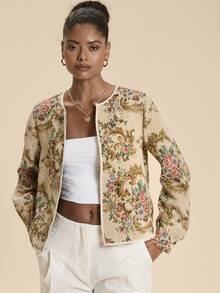Travachic Women's Vintage 90s Elegant Casual Floral Print Front Open Contrast Trim Jacket Everyday Daytime Beige Fall Party High Tea - Multicolor - View 2