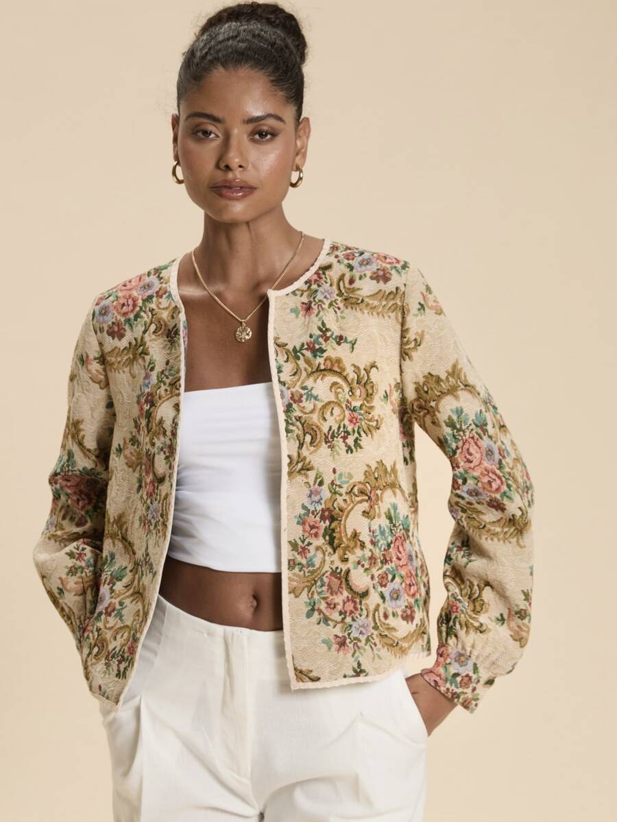 Travachic Women's Vintage 90s Elegant Casual Floral Print Front Open Contrast Trim Jacket Everyday Daytime Beige Fall Party High Tea