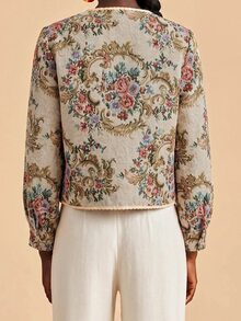 Travachic Women's Vintage 90s Elegant Casual Floral Print Front Open Contrast Trim Jacket Everyday Daytime Beige Fall Party High Tea - Multicolor - View 4