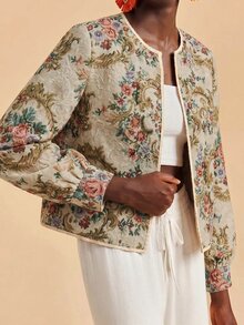 Travachic Women's Vintage 90s Elegant Casual Floral Print Front Open Contrast Trim Jacket Everyday Daytime Beige Fall Party High Tea - Multicolor - View 5