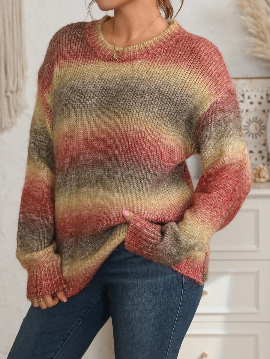 EMERY ROSE Plus Size Women's Fall Gradient Knit Pullover Sweater Evening Club Pink Casual Elegant Winter - Multicolor - View 1