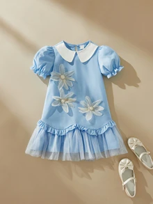 SHEIN 2026春夏新款少女优雅蕾丝领3D立体花朵装饰荷叶边花瓣袖连衣裙 - 藍色 - 查看 7