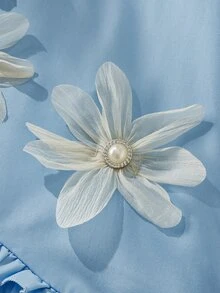 SHEIN 2026春夏新款少女优雅蕾丝领3D立体花朵装饰荷叶边花瓣袖连衣裙 - 藍色 - 查看 4