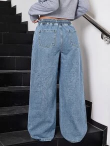 SHEIN Girls' Black Loose Fit Tween Girl Denim Long Pants Tween Girl - Light Wash - View 3