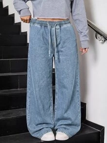 SHEIN Girls' Black Loose Fit Tween Girl Denim Long Pants Tween Girl - Light Wash - View 4