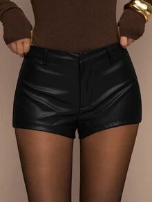 SHEIN BAE Women's Solid Color PU Leather Skinny Shorts - Black - View 4