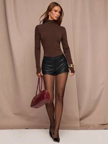 SHEIN BAE Women's Solid Color PU Leather Skinny Shorts - Black - View 1