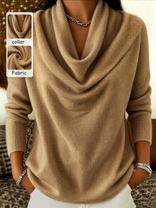 Trelyra Women's Solid Color Cowl Neck Long Sleeve Casual Top - Khaki - View 1