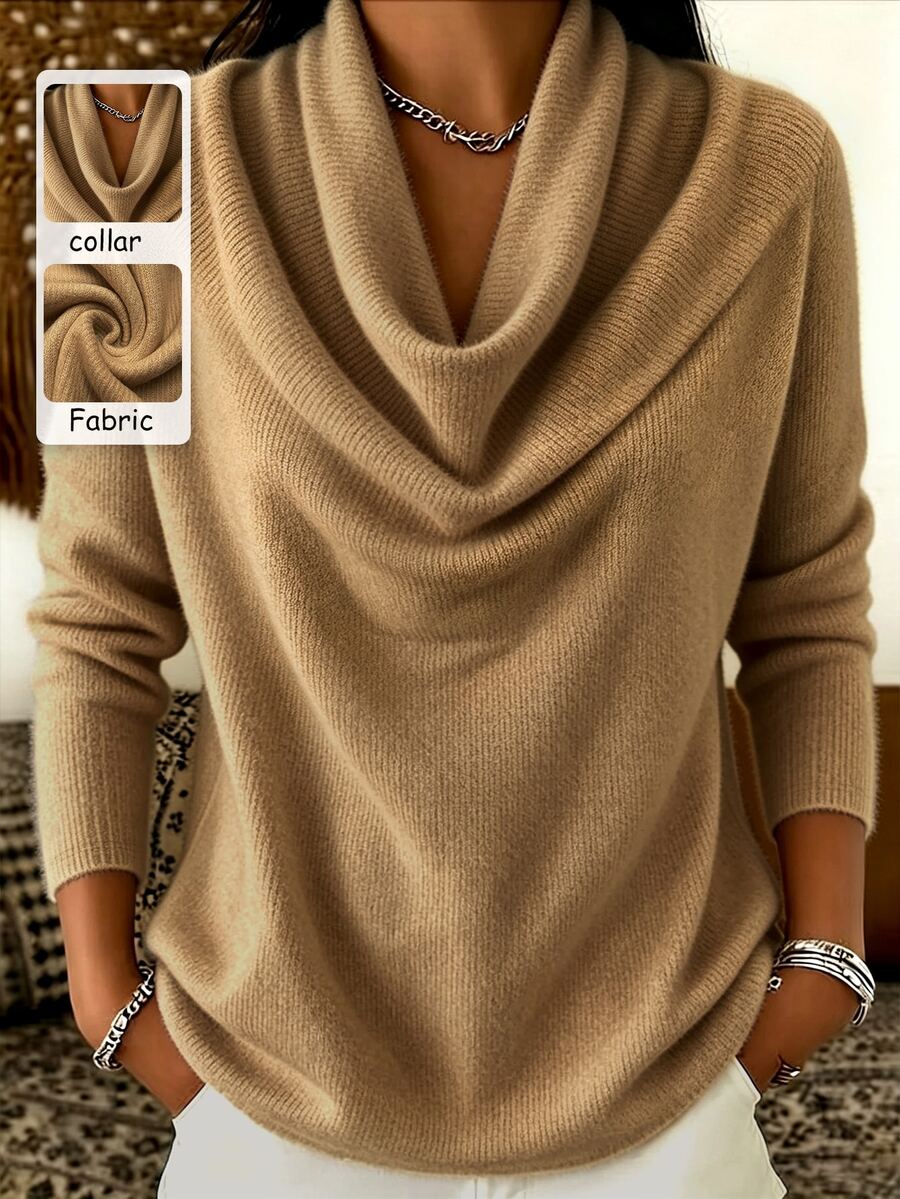 Trelyra Women's Solid Color Cowl Neck Long Sleeve Casual Top - Khaki - View 1