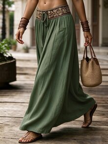 SHEIN Holidaya 女款波浪百褶刺繡花卉圖案梭織收腰裙，適合春夏，休閒日常穿著，清新風格裙，辦公室、百搭休閒裙，休閒度假沙灘穿著，鄉村音樂會，假期度假綠色裙，六月節慶派對裙 - 綠色 - 查看 5