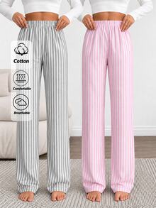 SHEIN 2PCS Plus Size Sleep Bottoms Night Formal Lounge White Pink - Multicolor - View 8