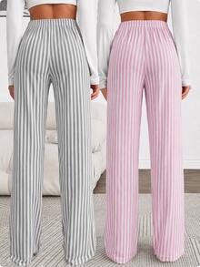 SHEIN 2PCS Plus Size Sleep Bottoms Night Formal Lounge White Pink - Multicolor - View 2