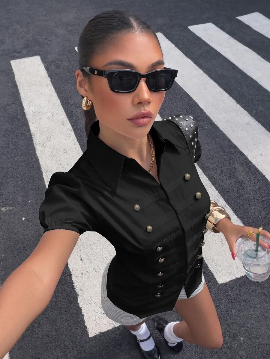 Muchica Black And Gold Woven Petal Sleeve Women's Blouse Going Out ...