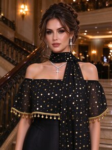 Velvienne Plus Size Off-Shoulder Gold Foil Bodycon Slimming Party Dress - Black - View 5