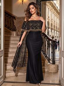 Velvienne Plus Size Off-Shoulder Gold Foil Bodycon Slimming Party Dress - Black - View 1