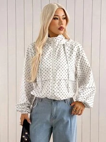 SHEIN EZwear 女款黑白波點連帽長袖抽繩口袋梭織防風夾克外套，日常旅行秋季休閒 80 年代復古風 - 白色 - 查看 6