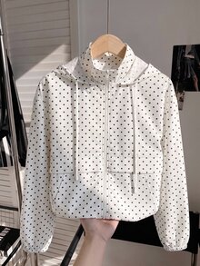 SHEIN EZwear 女款黑白波點連帽長袖抽繩口袋梭織防風夾克外套，日常旅行秋季休閒 80 年代復古風 - 白色 - 查看 4