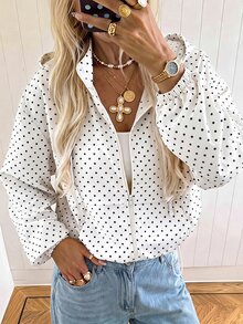 SHEIN EZwear 女款黑白波點連帽長袖抽繩口袋梭織防風夾克外套，日常旅行秋季休閒 80 年代復古風 - 白色 - 查看 1