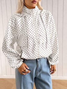 SHEIN EZwear 女款黑白波點連帽長袖抽繩口袋梭織防風夾克外套，日常旅行秋季休閒 80 年代復古風 - 白色 - 查看 3