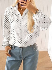 SHEIN EZwear 女款黑白波點連帽長袖抽繩口袋梭織防風夾克外套，日常旅行秋季休閒 80 年代復古風 - 白色 - 查看 9