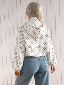 SHEIN EZwear 女款黑白波點連帽長袖抽繩口袋梭織防風夾克外套，日常旅行秋季休閒 80 年代復古風 - 白色 - 查看 2
