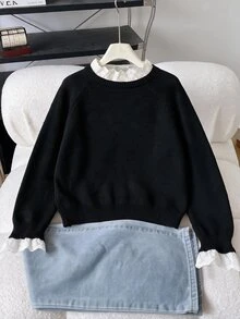 SHEIN 青少年女孩休閒套頭毛衣，優雅刺繡蕾絲飾邊愛心刺繡寬鬆落肩袖套頭毛衣，柔軟舒適加厚 - 黑色 - 查看 2