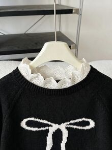 SHEIN 青少年女孩休閒套頭毛衣，優雅刺繡蕾絲飾邊愛心刺繡寬鬆落肩袖套頭毛衣，柔軟舒適加厚 - 黑色 - 查看 5
