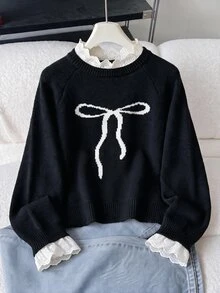 SHEIN 青少年女孩休閒套頭毛衣，優雅刺繡蕾絲飾邊愛心刺繡寬鬆落肩袖套頭毛衣，柔軟舒適加厚 - 黑色 - 查看 1