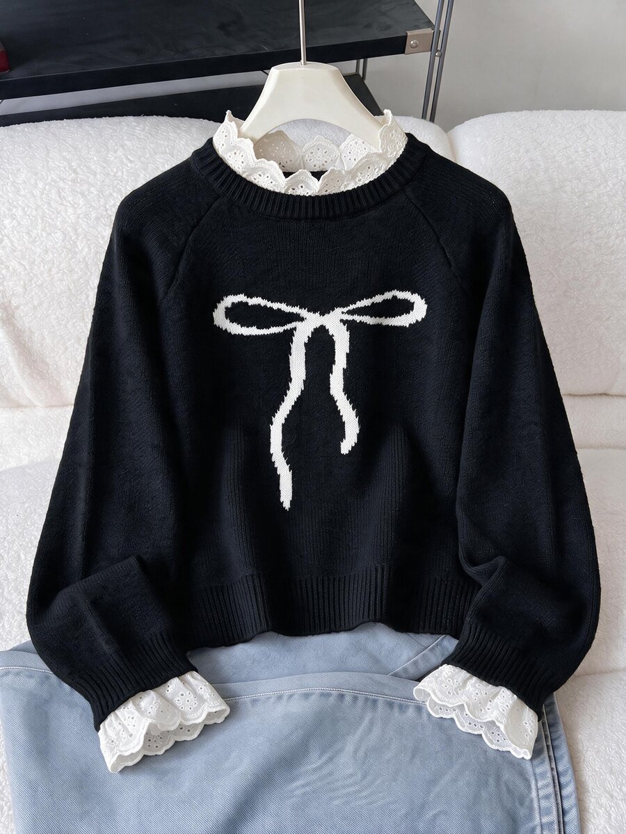 SHEIN 青少年女孩休閒套頭毛衣,優雅刺繡蕾絲飾邊愛心刺繡寬鬆落肩袖套頭毛衣,柔軟舒適加厚 - 黑色 - 查看 1