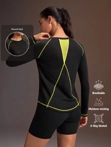 Powerista Women's Colorblock Casual Modest Athleisure Versatile Daily Travel Sports T-Shirt(Suitable For Jogging And Workout) Gym Active Black Fall - Black - View 2