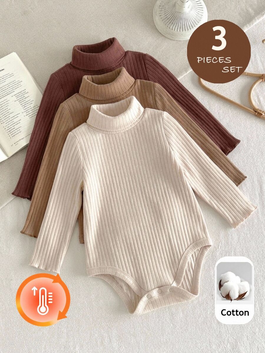 SHEIN 3pcs -Pack Baby Girl Long-Sleeve Turtleneck Bodysuits – Warm, Comfortable, And Perfect For Autumn And Winter - Multicolor - View 1
