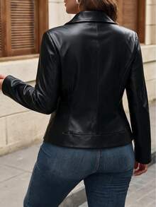 EMERY ROSE Plus Size Women's Bestselling Elegant Lapel Motorcycle Style PU Leather Jacket, Slimming Minimalist Fit With Multi-Functional Zipper Pocket Design, Metal Zipper Decor, Suitable For Daily Versatile Commute, Date, Party Slimming Wear - Black - View 2
