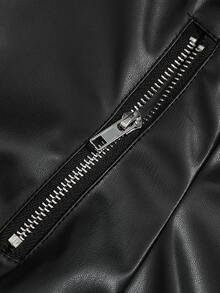 EMERY ROSE Plus Size Women's Bestselling Elegant Lapel Motorcycle Style PU Leather Jacket, Slimming Minimalist Fit With Multi-Functional Zipper Pocket Design, Metal Zipper Decor, Suitable For Daily Versatile Commute, Date, Party Slimming Wear - Black - View 4